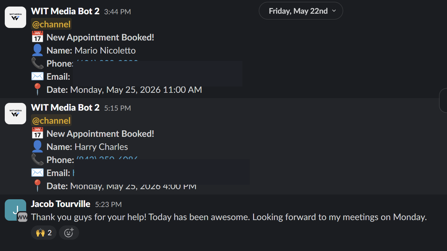 Client Slack feedback after appointments