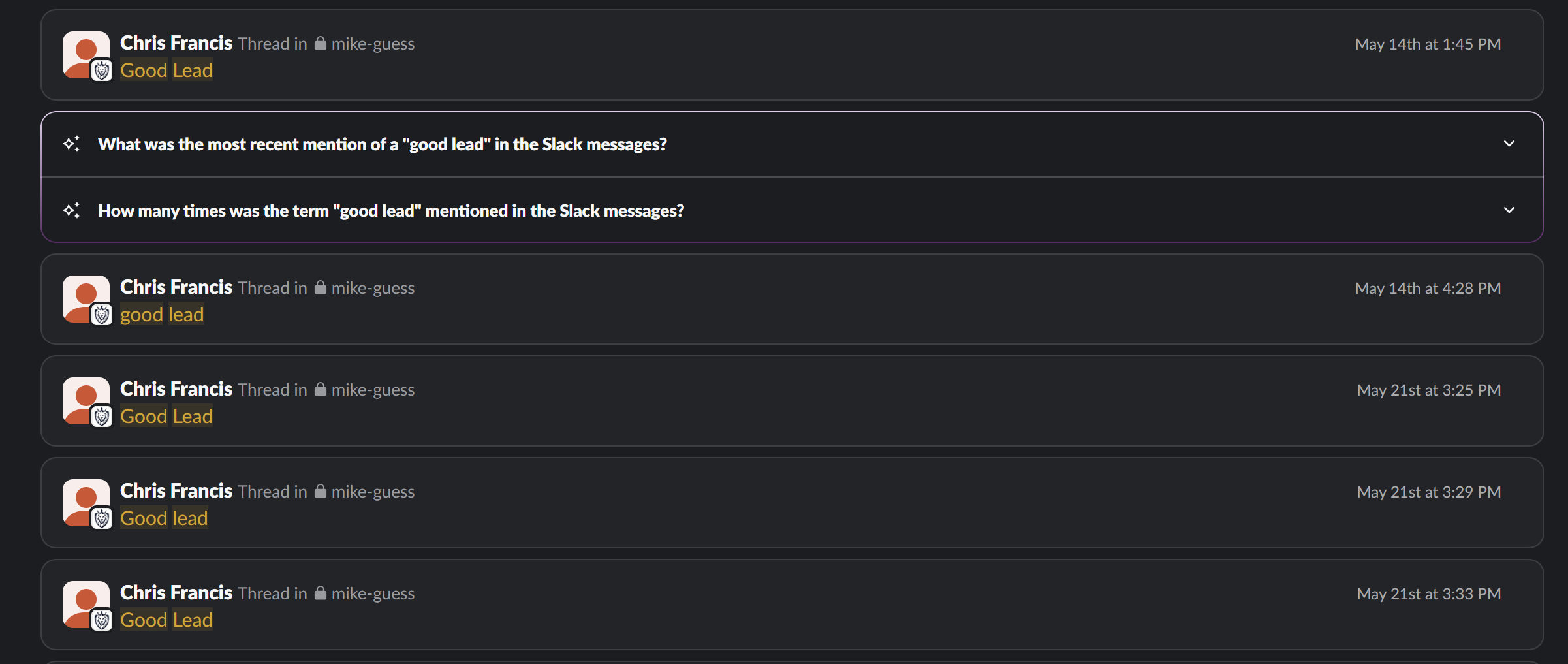 Slack search proof for good leads